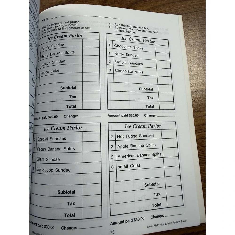 Menu‎ Math Old-Fashioned Ice Cream Parlor Grades 3-6 Workbook Remedia REM101A**